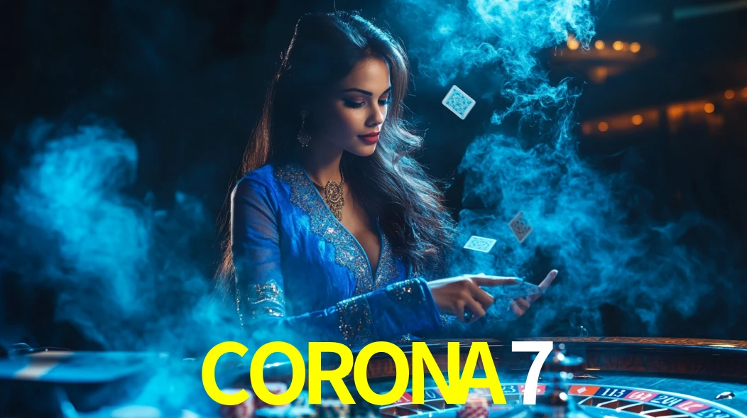 Una escena digital vívida inspirada en casino con CORONA7 mostrado prominentemente, luces brillantes, fichas, cartas y acentos dorados.