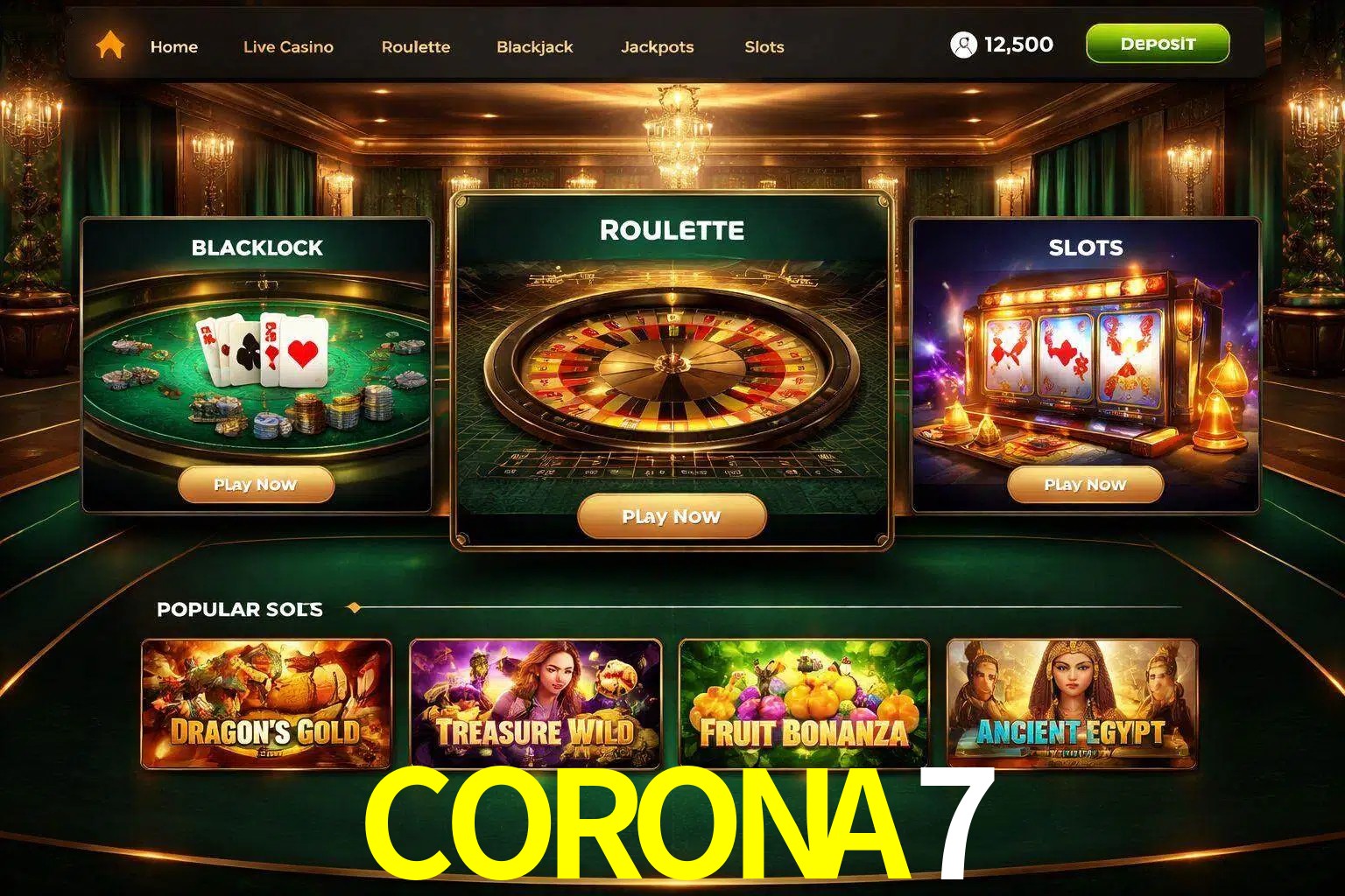 Vista de la plataforma CORONA7 Casino mostrando categorías organizadas de juegos en línea