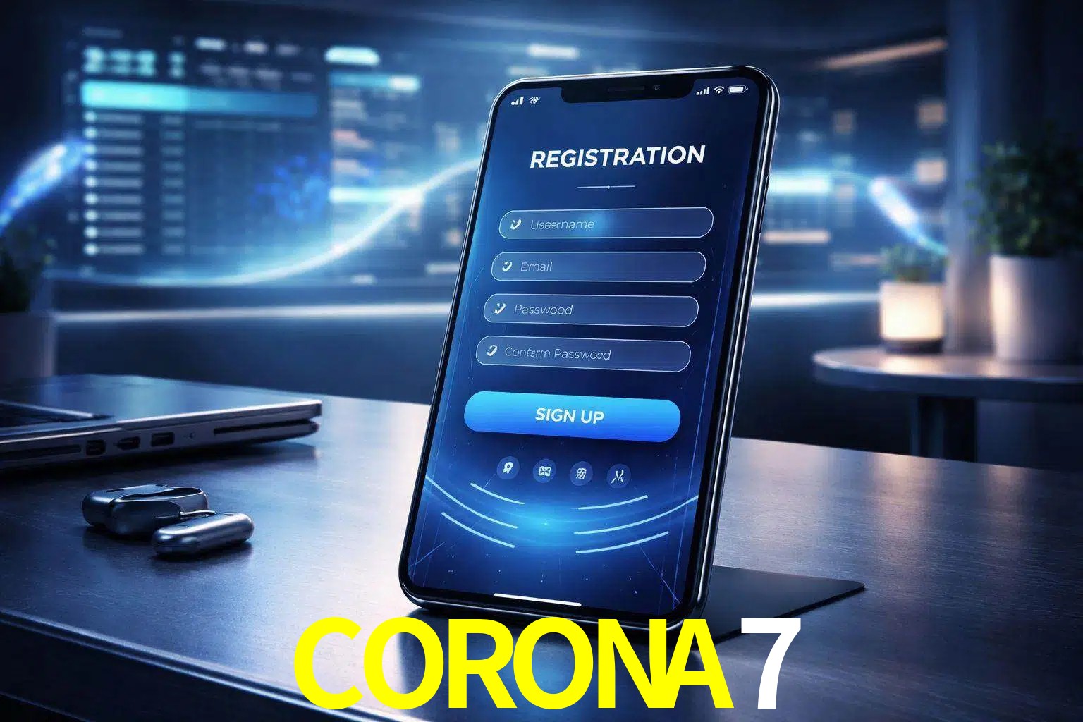 Una interfaz moderna de registro móvil para CORONA7 mostrada en un smartphone con un panel de apuestas elegante.
